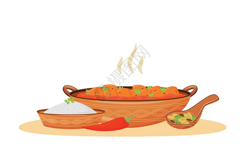 五香蒸肉热黄油鸡卡通矢量图 传统的印度肉在五香番茄酱扁平色物体中 白色背景上孤立的餐厅餐食 makhani 鸡插画