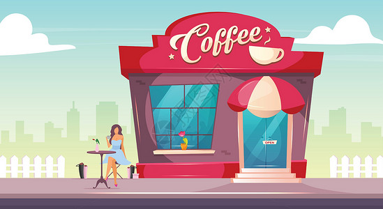餐厅入口人行道上的咖啡店平面彩色矢量插图 在外面的咖啡馆吃早午餐的人 餐厅外观 砖砌建筑的店面 现代 2D 卡通城市景观与背景上的女人插画