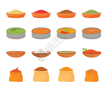 印度餐和香料平面颜色矢量对象集 木碗和纺织袋中金属中的传统食品白色背景上的二维孤立卡通插图背景图片