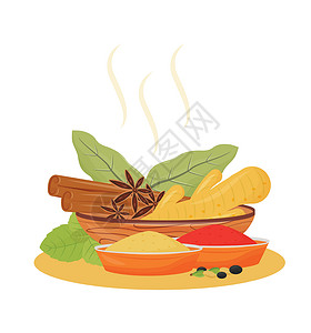 印度饮料调味品卡通矢量图 木碗中的传统饮料调味料扁平色物体 茶饮料成分隔离在白色背景上插画