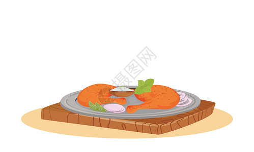 Tandoori 鸡卡通矢量图 供应传统的印度餐辣肉配酸奶酱平色对象 白色背景上孤立的餐厅食品准备鸡背景图片