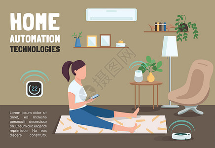 空调促销详情页家庭自动化技术横幅平面矢量模板 物联网小册子海报概念设计与卡通人物 带 tex 位置的智能家用设备水平传单传单插画