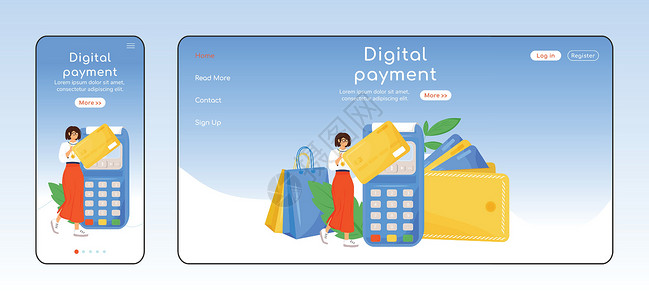 UI购物数字支付自适应登陆页面平面颜色矢量模板 无现金交易移动和 PC 主页布局 客户服务单页网站 UI 信用卡网页跨平台设计插画