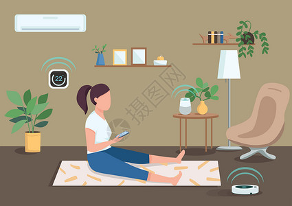 智能空调主图智能气候控制平面彩色矢量插图 女孩用智能手机控制空调和吸尘器 背景为客厅的 2D 卡通人物插画