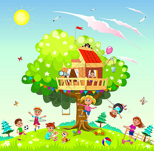 宝宝屋快乐的孩子们在树屋附近玩耍插画