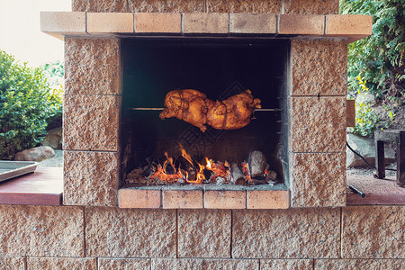 火瞳鸡鸡肉烤在吐口水上烹饪烧烤架派对健康饮食美食烘烤煤炭火焰动物传统背景