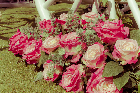 五月玫瑰阳光 回顾和五月的青草上花束粉红玫瑰背景