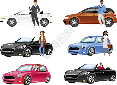 车主贷快乐的车主平面颜色矢量不露面的字符集 有个人交通工具的年轻男女 站在汽车旁边的人在白色背景上孤立的卡通插图插画