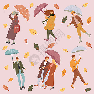 带雨伞的人平面矢量无缝模式 粉红色的背景 季节性磨损 秋叶纹理与卡通颜色图标 雨天和刮风天气包装纸壁纸设计背景图片