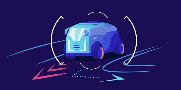 轮流值班汽车导航平面彩色矢量图 智能驾驶辅助汽车运动预测交通分析系统接口 货车在蓝色背景上轮流设计图片