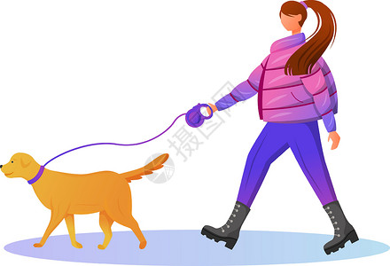 皮带面女人在渐变外套平面颜色矢量不露面的角色 带着狗散步的白人女士 下雨天 潮湿的天气 穿着靴子的时尚女性在白色背景上孤立的卡通插图插画