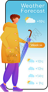 天气预报卡通智能手机矢量应用程序屏幕 带有扁平人物设计模型的手机显示屏 带伞的男性 穿雨衣的男人 气象应用电话接口背景图片