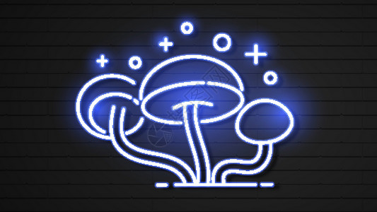 大球盖菇蓝色霓虹蘑菇 发光的魔术木耳背景游戏生物学季节辉光木头生长艺术伞菌魔法绘画插画