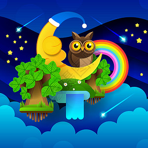 可爱的卡通月亮在夜空中 睡月晚安孩子们 适合贺卡海报或 T 恤印刷的明亮插图月光蓝色天空婴儿月球天文学科学星星宇宙星系背景图片
