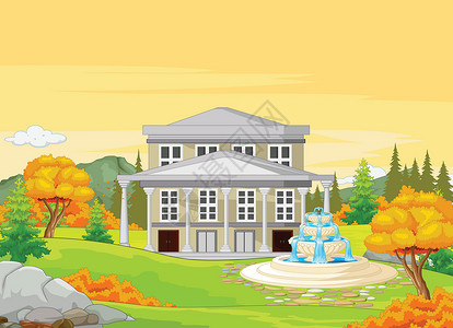喷泉秀白宫与秋天的森林背景插画