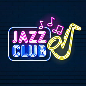 深色背景上的霓虹音乐爵士乐标志 韦克托居住海报展示横幅酒吧派对乐器节日音乐会艺术背景图片