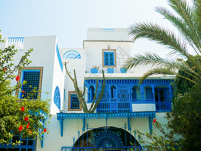西迪布赛义德突尼斯传统的白色和蓝色住宅内地房子天空衬套晴天院子投手阳台背景