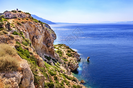 人悬崖从希腊爱奥尼亚海的岩壁陡峭海岸 向外倾斜背景