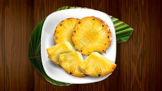 吃菠萝菠萝在白盘和叶子上的组成插画