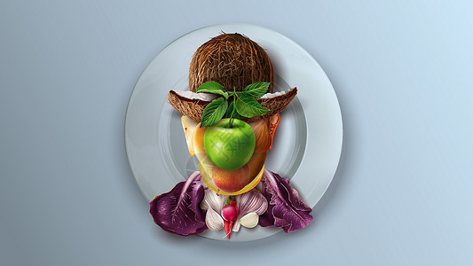 四川紫皮独头蒜盘子上的水果和蔬菜拼贴画重复了马格利特的男性肖像插画