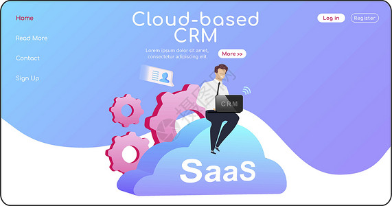 月子中心单页基于云的 CRM 登陆页面平面颜色矢量模板 坐在积云主页布局上的人  SaaS 单页网站界面与卡通人物 计算机软件插画