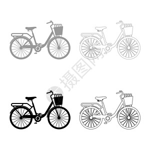 自行车与篮子和鲜花郁金香图标轮廓设置黑色灰色矢量插图平面样式图像背景图片