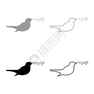 歌蒂科夜莺唱调歌鸟音符音乐概念图标轮廓设置黑色灰色矢量插图平面样式 imag插画