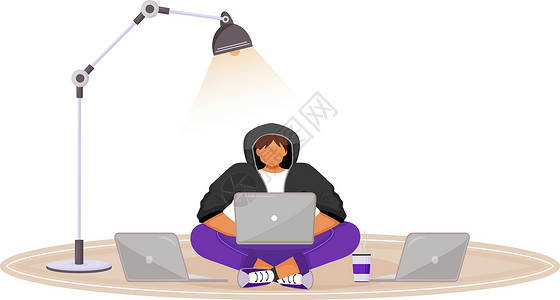 黑客笔记本穿着连帽衫的年轻人带着几台笔记本电脑平面颜色矢量不露面的角色 学生在家工作 远程自由职业 黑客攻击 孤立的卡通它制作图案插画