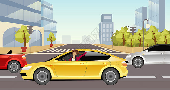 黄色的车女孩驾驶轿车平面彩色矢量图 黄色汽车 2D 卡通人物中的快乐女士 背景为城市景观 有个人交通工具的年轻微笑的妇女 城市交通插画