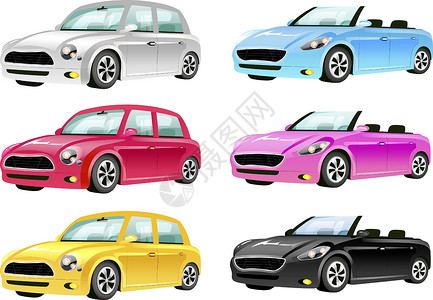 汽车颜色汽车平面颜色矢量对象集 白色背景上的汽车 2D 孤立卡通插图 没有屋顶的豪华陆地车辆和不同颜色的老式个人交通工具插画