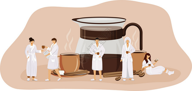 竹叶青和红茶早晨咖啡平面概念矢量图 喝美式咖啡 玻璃壶中的浓缩咖啡 在杯子里加香料的红茶 用于网页设计的长袍 2D 卡通人物的人 早餐创意i插画