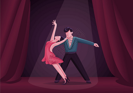 伦巴舞者夫妇平面彩色矢量插图 拉丁舞厅舞蹈比赛参与者 2D 卡通人物 探戈与背景上的舞台窗帘合作插画