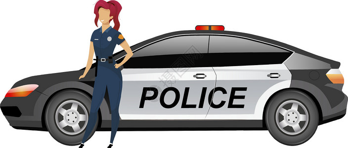 站在汽车旁边的女警察平面颜色矢量不露面的角色 女警官为网页图形设计和动画孤立卡通插图 在加州巡逻队附近微笑的女警插画