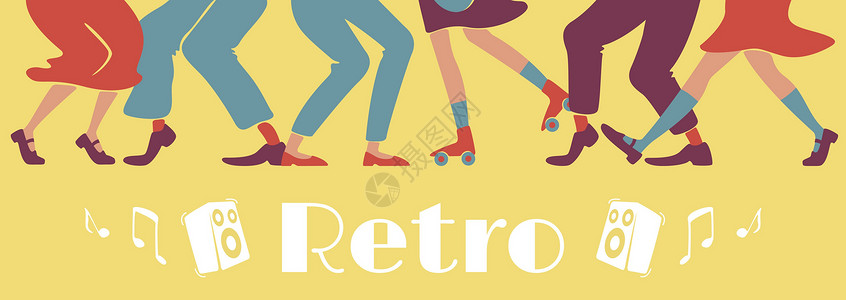 摇滚墨点字复古风格派对横幅平面矢量模板  1950 年代迪斯科水平海报字概念设计 复古黄色背景上带有排版和摇滚舞者腿的卡通插图插画