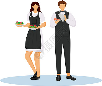 餐饮服务人员酒店服务员在统一的平面彩色矢量图中 餐饮服务 拿着蔬菜沙拉的女服务员 餐厅工作人员在白色背景上用菜肴隔离卡通人物插画