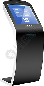银行终端现实矢量图 自助支付亭平面颜色对象 互动软件 用于在白色背景上隔离的财务操作的现代独立式计算机设计图片