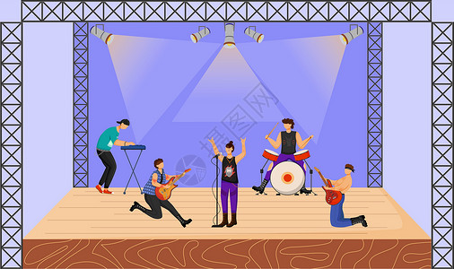 团体舞重金属乐队平面矢量图 在音乐会上表演的音乐团体 音乐家在舞台上一起演奏 现场音乐表演 节日活动 卡通人物插画