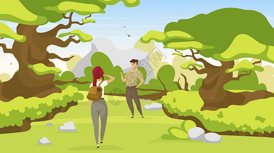 几个背包客平面矢量图 女人和男人在森林中奔跑 徒步旅行者在树林中行走 徒步旅行者在热带雨林中寻找出路 游客卡通人物插画