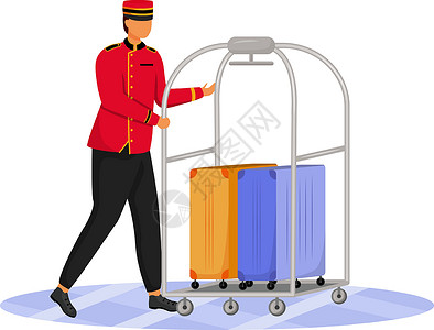 行李搬运贝尔曼平面彩色矢量插图 搬运行李的酒店服务员 穿制服的搬运工 白色背景上带行李车和手提箱的服务人员孤立卡通人物插画