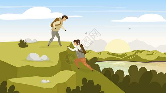 攀登组平面矢量图 徒步旅行者夫妇在山上 峰顶的男人和女人 在河小河的日出 全景景观场景 旅游团卡通人物插画