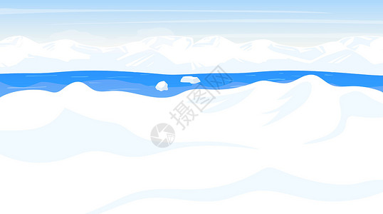 迪克北极平面矢量图 南极景观 白雪沙漠全景土地与海洋 极地寒冷的场景 北欧表面 冰霜峡湾 阿拉斯加州 北极卡通背景插画