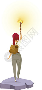 Explorer 平面彩色矢量插图 拿着火炬的女性冒险家 站着火炬的女人 寻找路径的背包客 白色背景上的旅游孤立卡通人物背景图片