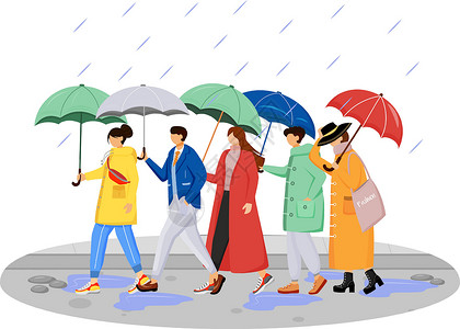 天气主页面穿着雨衣的人平面颜色矢量不露面的人物 带着雨伞行走的白种人 下雨天 道路上的男人和女人在白色背景上孤立的卡通插图插画