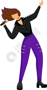 女歌手平面彩色矢量插图 主唱 女主唱 音乐家 音乐乐队成员 摇滚 有话筒的女人 音乐会 白色背景上的孤立卡通人物插画