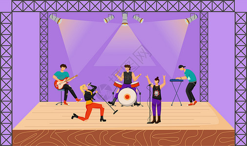 团体舞朋克摇滚乐队平面矢量插图 有两位歌手在音乐会上表演的音乐团体 音乐家在舞台上一起演奏 现场音乐表演 节日 卡通人物插画