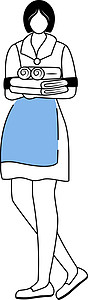 酒店女佣平面矢量图 拿着折叠的毛巾的制服的管家 清洁服务招待人员 女客房服务员卡通人物与白色轮廓插画