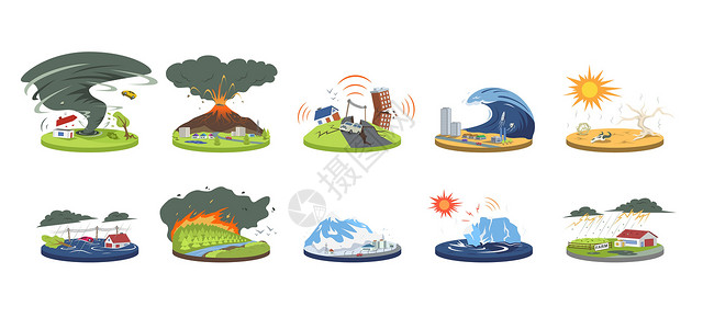 火山矢量自然灾害卡通矢量插图集 极端的天气条件 大灾难 洪水雪崩飓风 地震海啸 孤立在惠特上的平面颜色灾难野火气候损害干旱危险风暴卡通片插画