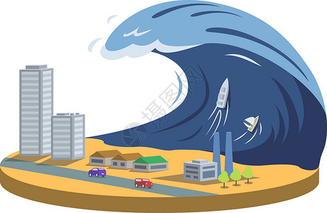 台风城市台风卡通矢量图 海啸 高波覆盖城市 热带气旋风暴 灾难灾难 破坏现象 孤立在惠特上的平面颜色自然灾害插画