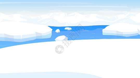 浦半岛北极平面矢量图 南极景观 有冰山的北海 有海洋的全景多雪的土地 极地寒冷的场景 北欧表面 冰霜峡湾 阿拉斯加州 北极卡通背景插画