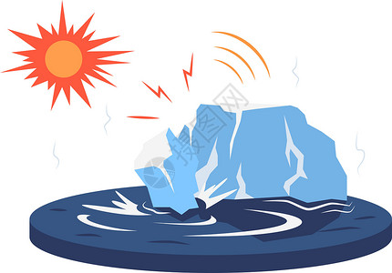 冰瀑冰山打破冰川卡通矢量图 全球变暖的影响 冰川融化 温暖的温度影响 气候变化 白色背景上孤立的平面颜色自然灾害插画